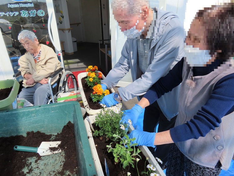 プランターに花を植えました。土いじりは楽しいですね。